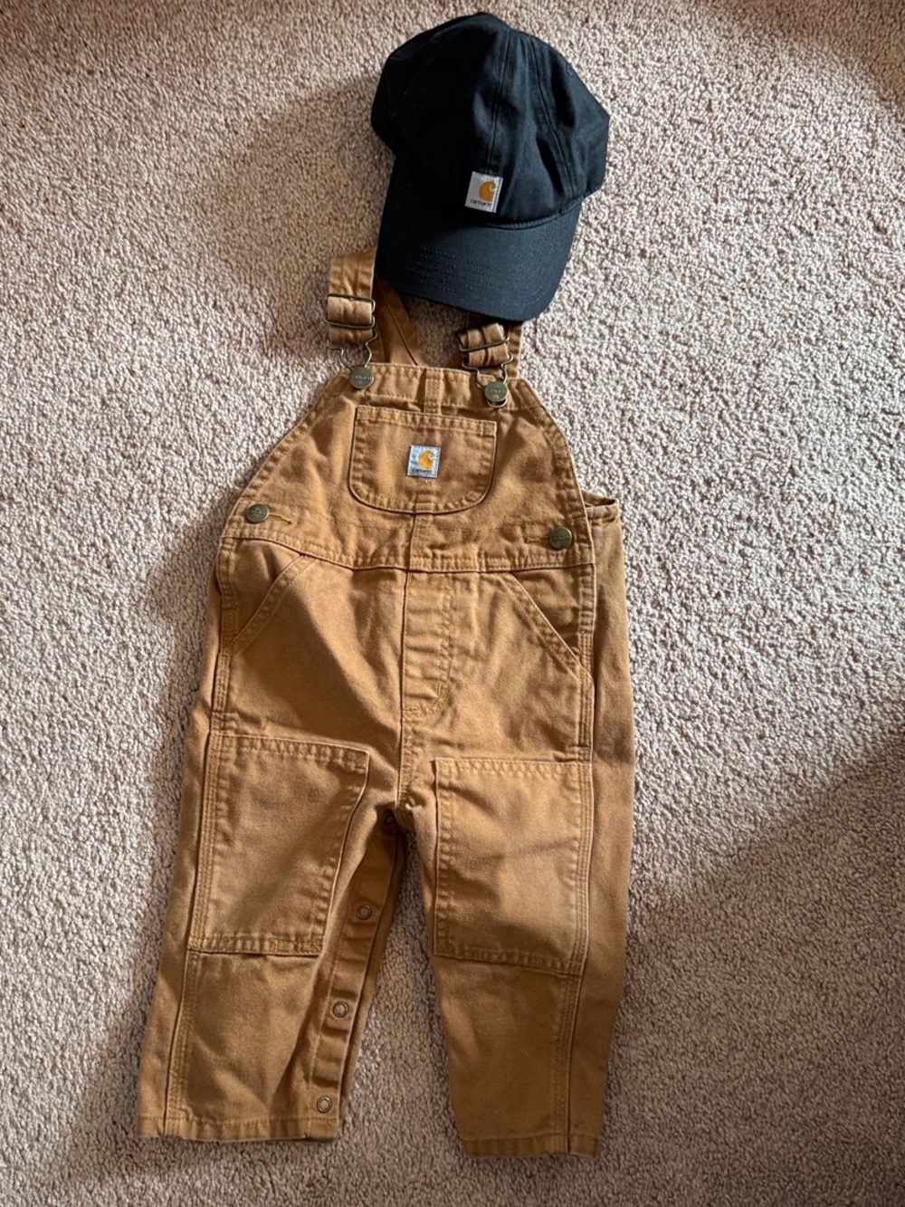 Carhartt Kids' Tan Canvas Overalls with Chest Pocket size 12mos and hat